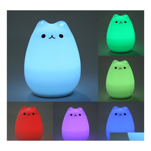 Effetti LED Premium 7 colori Cat Usb Bambini Animal Night Light Sile Morbido Cartoon Baby Nursery Lampada Respirazione Goccia Consegna Luci Dhpet