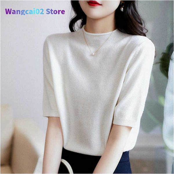 Vrouwen Truien Mode Mock Neck Vrouwen T-shirt Lente Herfst Gebreide Truien Casual Losse Halve Mouw Pullover Tops Effen Jumper T-shirt Femme 020623H