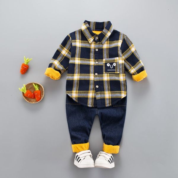 Kleidung Sets Herbst Kinder Baby Jungen Mädchen Kleidung Säuglings Gentleman Dicke Samt Kariertes Hemd Hosen 2Pcs Sets Kleinkind Kinder anzüge 230206