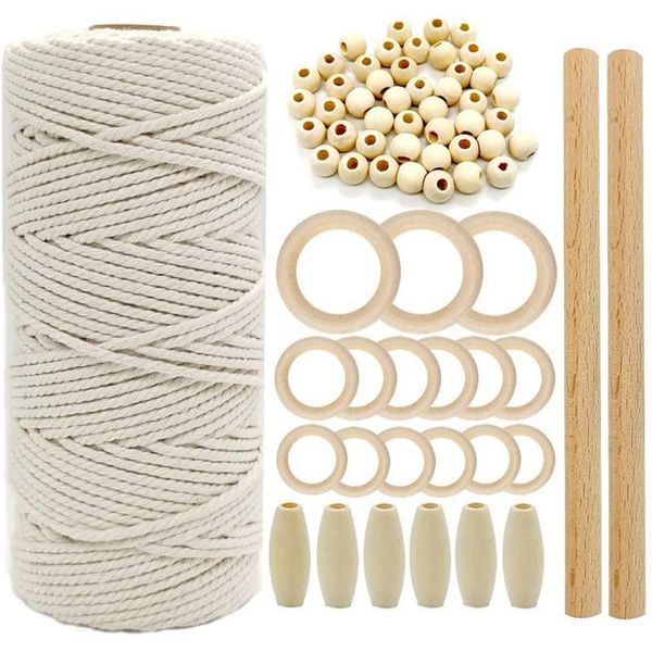 Gartenbedarf Andere Makramee-Schnur, natürliches Baumwollseil 3 mm mit Holzringstab für DIY-Beißring-Set, Wandbehang, Pflanzenaufhänger