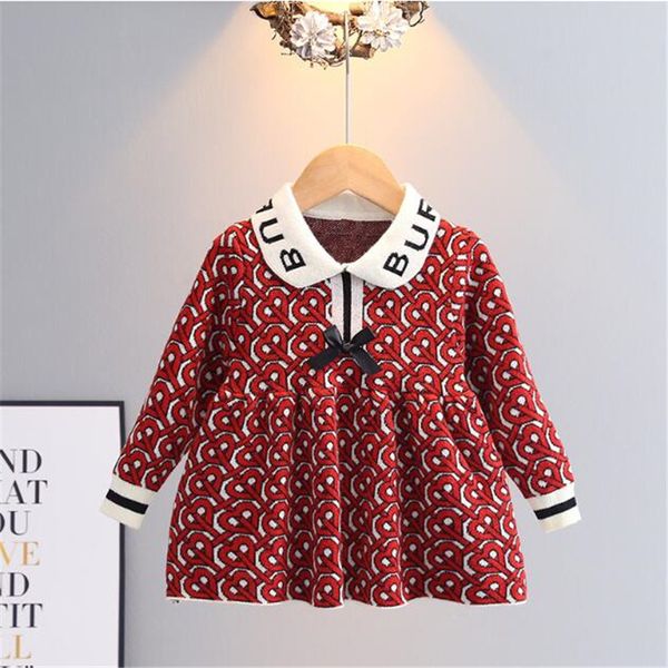Great Quality Baby Girls Knitted Princess Dresses 2023 Spring Autumn Letters Printed Kids Long Sleeve Dress Children Bowknot Dress 1-6 Years