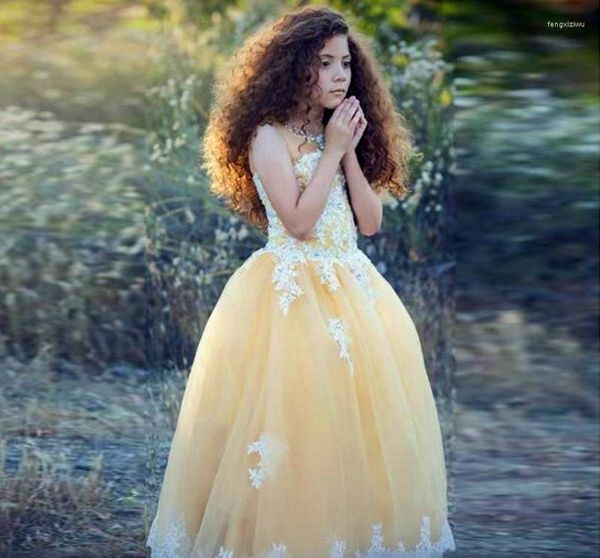 Vestidos de menina vestido de concurso de tule amarelo para crianças com apliques de renda crianças aniversário use casamento de flores