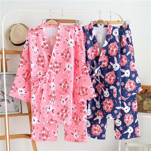 Abbigliamento etnico Asiatico Giappone Kimono Moda tradizionale Pantaloni Set Sakura Pigiama donna Estate Cotone Yukata Manica corta Homewear