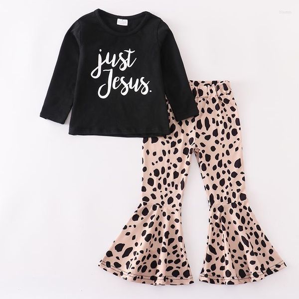 Roupas Conjuntos de roupas Girlymax outono/inverno meninas preto top apenas Jesus imprimir leite leopardo de seda sino de sino calças conjunto crianças