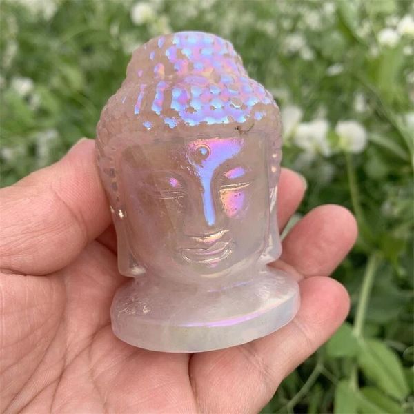 Statuette decorative Oggetti 7 cm Cristallo naturale Quarzo Aura Rose Buddha intagliato a mano Halloween per regalo Pietra curativa Camera Home OfficeDeco
