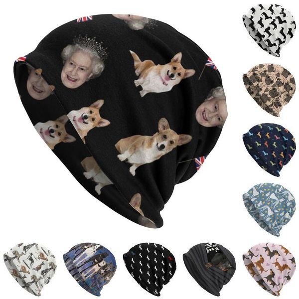 Boinas Queen Elizabeth e Corgis Pattern Bonnet Homme Moda Moda Skullies Beanies Cap Men Women Winter Warm Slouchy Feanie Hats