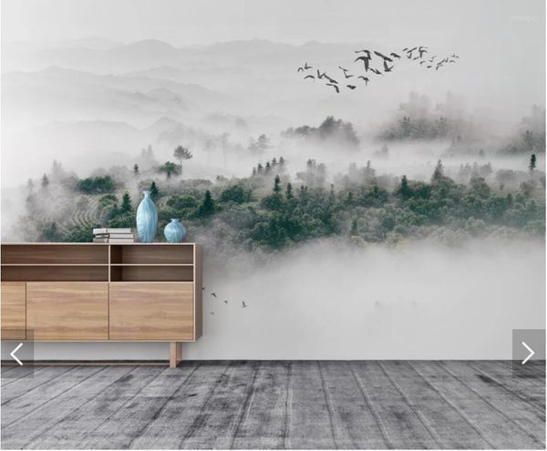 Wallpapers Misty Forest Wallpaper Flying Birds Mural For Living Room 3d Wall Murals Po Nature Foggy Pine Forests