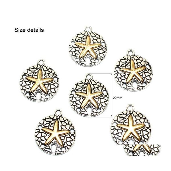 Outros atacado 50pcs/lote 22mm estilo de praia redonda pingente de charme de estrela do mar para pingentes de pulseiras de judeus de colar de pulseiras vintage sier/ouro colo dho5u