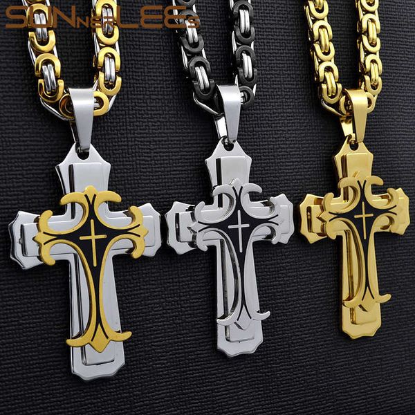 Подвесные ожерелья Sunnerlees из нержавеющей стали Иисус Христос крест -подвесной ожерелье Византийское звено цепное цепь серебряный цвет золотодобываемые мужчины подарки SP208 G230206