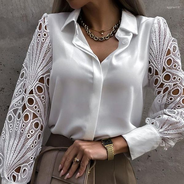 Blouses feminina Hollow Out Blusa Branca Branca Sexy Lace 2023 Up Camisetas superiores Manga longa Merca preta Botão vintage Mesh Design Femme Tops