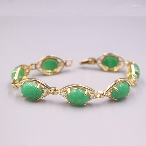 Связанные браслеты настоящий нефритовый браслет GP 18K Золото покрыто для женщин, циркон блестящий нагрев, зеленый каменный кружев, 18,5 смля
