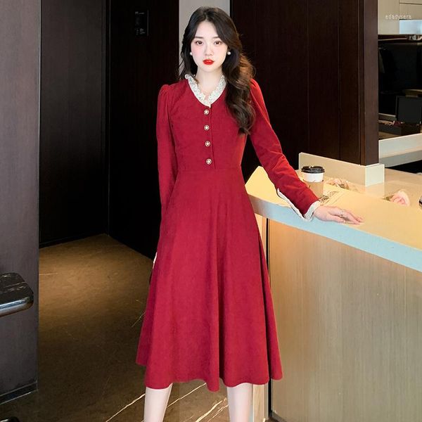 Casual Kleider Herbst Winter 2023 Formale Kleid Solide Spitze V-ausschnitt Einreiher Langarm A-Line Elegante Dünne Büro Dame