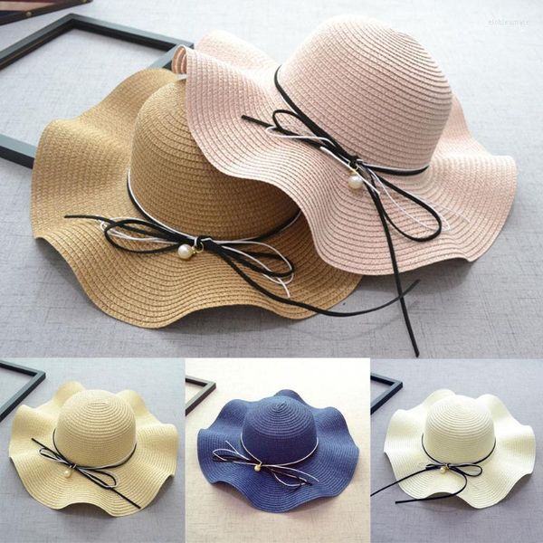 Geniş Memul Şapkalar Yaz İnci Çatak Şapkası 2023 Kadınlar Big Beach Bow Tie Güneş Katlanabilir Panama Kemik Chapeu Feminino ELOB22