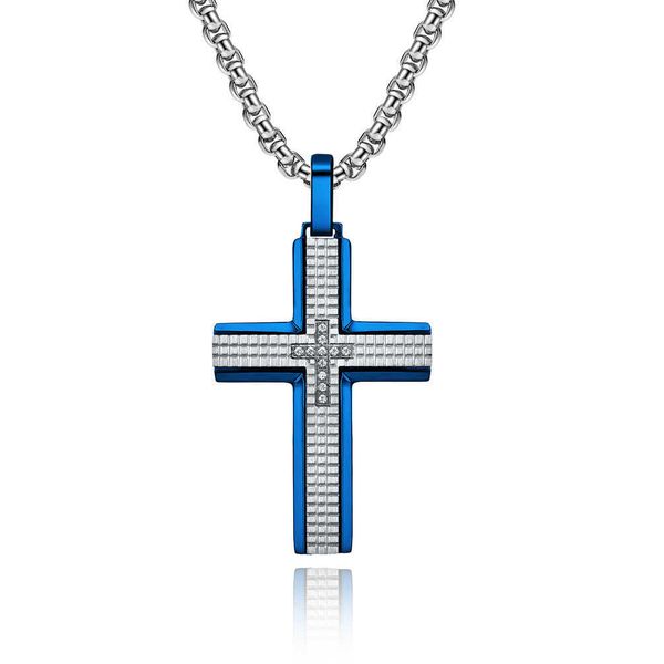 Collane con ciondolo Gioielli artistici All'ingrosso Incisione CNC intarsiato Zircone Acciaio inossidabile Strato blu Plaid Collana con pendente croce da uomo G230206