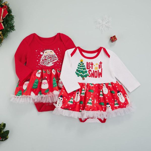 Rahimler Mutlu Noeller Partisi Bebek Kız Romper Kostümleri Çocuk Noel Baba Baskı Kaburga Mesh Bahar Sonbahar Kış için Uzun Kollu Tulum
