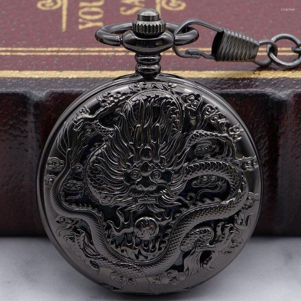Taschenuhren Mode Cool Black Chinese Dragon Design Taschenuhr Geschenk für Jungen Männer Kinder mit Kette PJX1328
