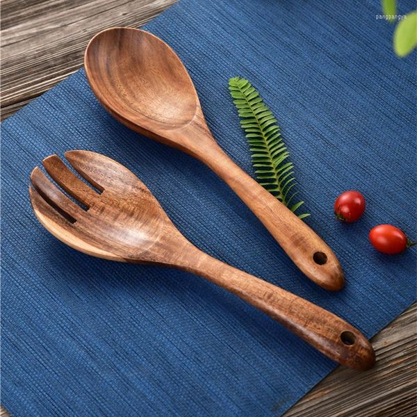 Set di stoviglie Creativo cucchiaio forchetta in legno posata per insalata in stile giapponese manico lungo vintage grande cena che serve utensili da cucina posate