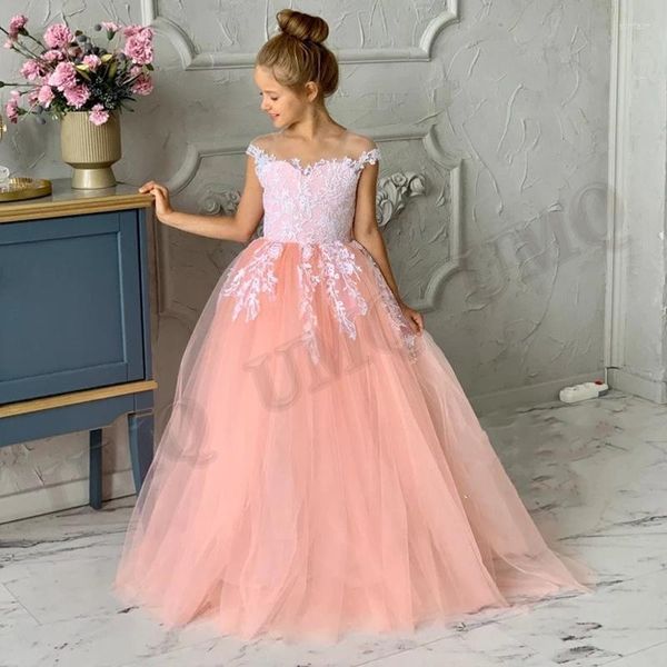 Vestidos de menina pêssegue rosa princesa colloop vestido de flor longa aline crianças crianças figurmas de casamento primeiro comunião vestido de