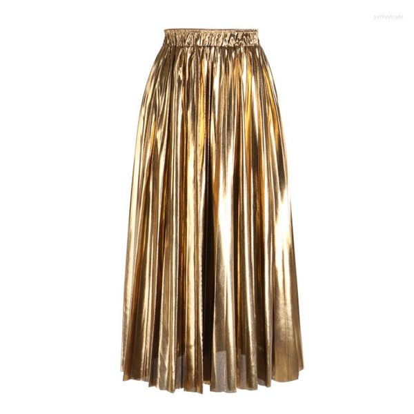 SAVILS High Street Fashion Punk Metallic Pleated Long Skia Shine Mid-Calf A-Line Golden Silver