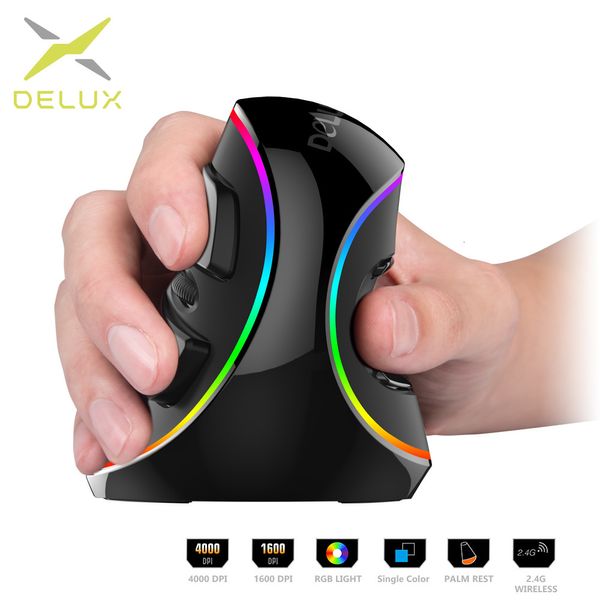 Mouse Delux M618 PLUS Mouse da gioco verticale ergonomico con cavo 6 pulsanti Mouse ottico RGB wireless per mano destra da 4000 DPI per PC portatile 230206