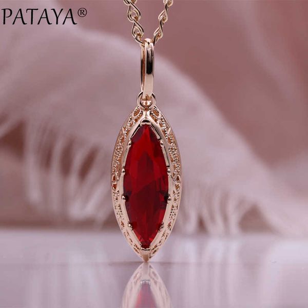 Anhänger Halsketten PATAYA Neue Rote Pferd Auge Natürliche Zirkon Halsketten Trend Mode Schmuck Für Frauen 585 Rose Gold Farbe Einzigartige Hohle Halsketten G230206