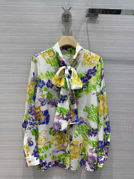 Camisas de impressão floral gola streamer arco embelezado camisa de manga longa micro tecido transparente moda emagrecimento sexy topos blusas femininas