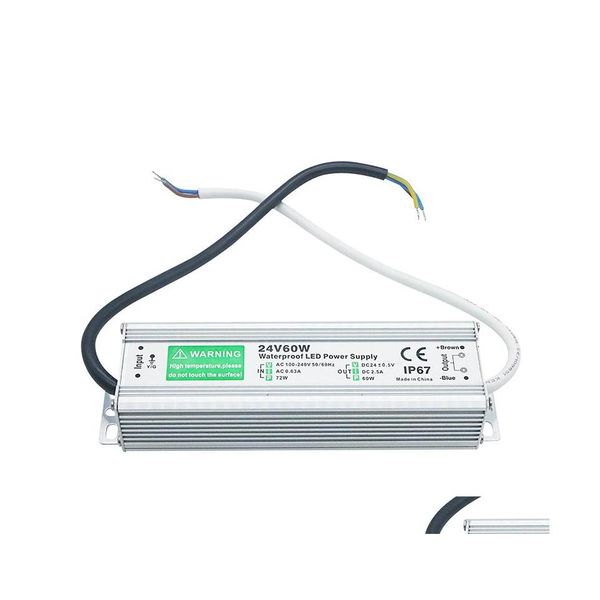 Aydınlatma Transformatörleri IP67 Su Geçirmez LED Sürücü 5060Hz 24V 60W Güç Kaynağı AC100240V Damla Dağıtım Işıkları Aksesuarları Dhp9m