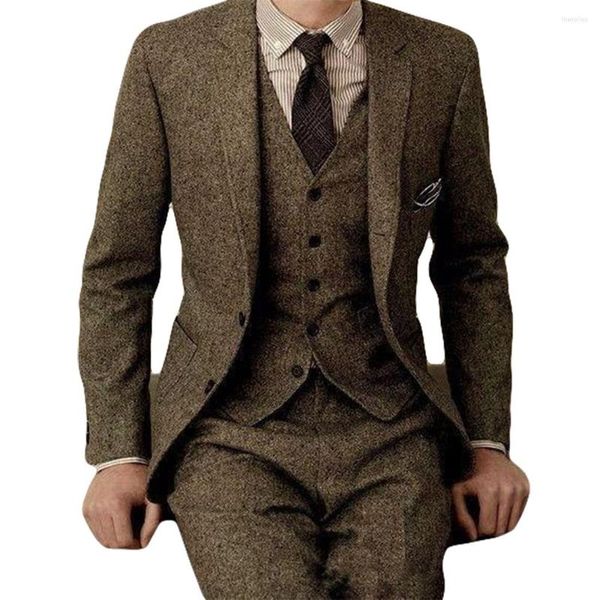 Ternos masculinos mais recentes projetos de calça de casaco Brand Brown Tweed Suit Men Set Slim Fit Casamento personalizado para 3 peças Blazer de madeira de madeira Tuxedo