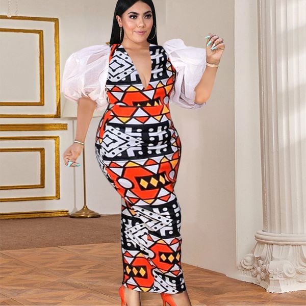 Vestidos de tamanho plus size mulheres 4xl vestidos mangas estampadas de puff jight festa de verão de verão de luxo elegante manto de moda de moda de moda 230207