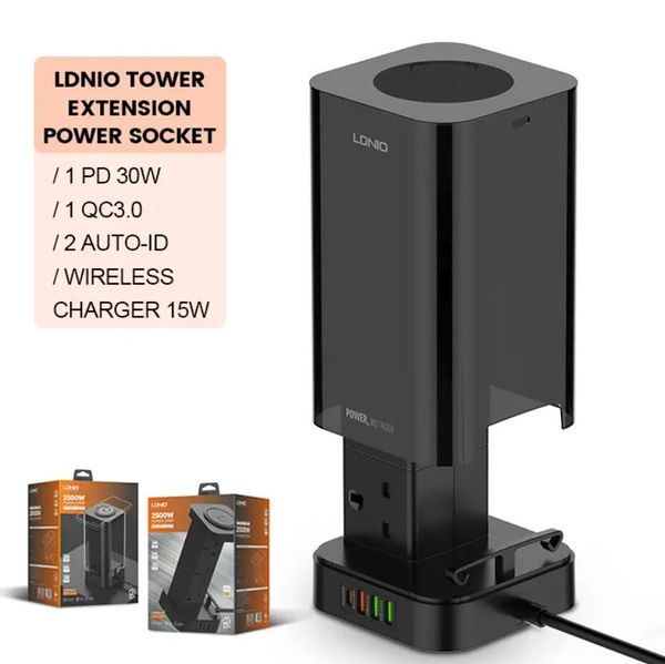 LDNIO PD Chargers SKW6457 UK-Steckdosenleiste mit 6 Steckdosen, USB-Tower-Erweiterungssteckdose und kabellosem 15-W-Ladegerät