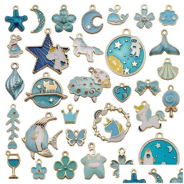 Charms 30 Pz Modello Misto Blu Goccia Olio Pesce Fiore Cavallo Smalto Fascino Gioielli Fai da te Bracciale Collana Ciondolo Tono oro Galleggiante Findin Dhgc8