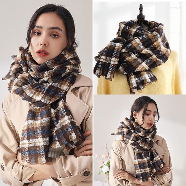 Lenços huishi 2023 color splicing madtice pescoço mais quente para mulheres moda de inverno lenço de caxemira listra longa tassel sharf shawls