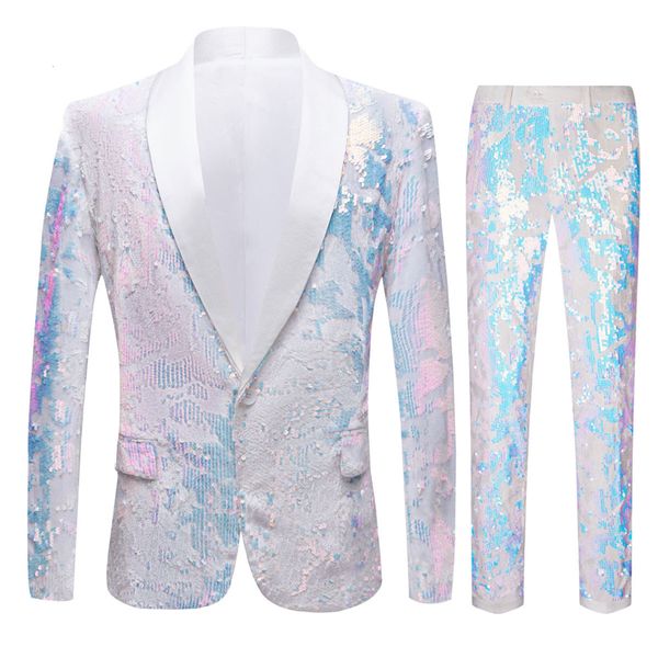 Ternos masculinos Blazers Tamanho Europeu Blazer Troushers Terno masculino Moda de veludo branco estilo italiano Vestido de casamento 230207