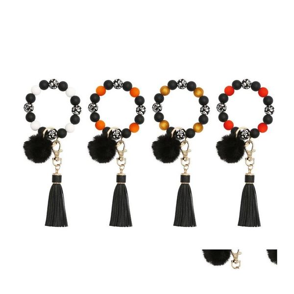 Schlüsselanhänger Lanyards Weihnachten Halloween Armband mit Quaste und Pomom Sile Rubber Saint Skl Armbänder Auto Schlüsselanhänger Halter Frauen Wr Dhcfl