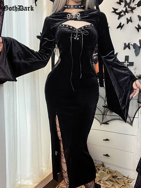 Sıradan elbiseler Goth koyu bandaj gotik zarif kadınlar yüksek bölünmüş dantel yan nakil grunge midi elbise parlama alt mahsul omuz omuz omuz 230207