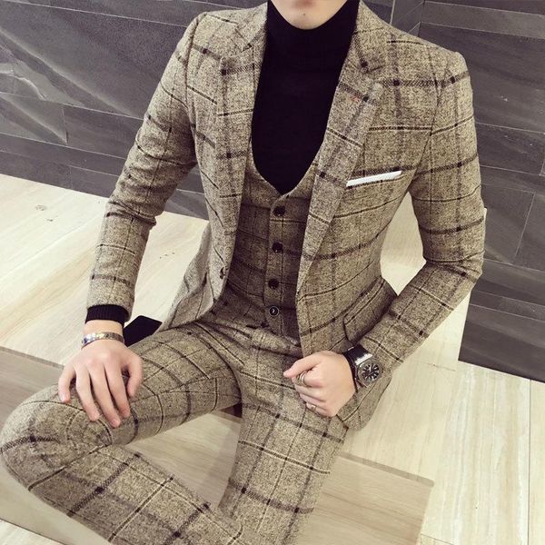 Ternos masculinos Blazers Autumn Twows Sunda Men Slim Fit Fashion Moda Lattice Business Rush Casual Temperamento Britânico Vestido de Noiva Man Homem