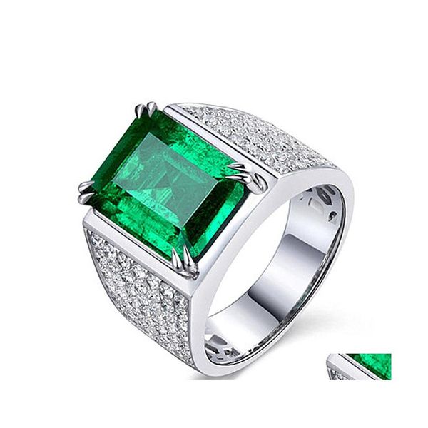 Solitaire Ring Natural Emerald Luxury for Men 18K Platinum Bated Diamond Zircon Treasure Open Sier Rings Drop Delivery J￳ias Dh1b3