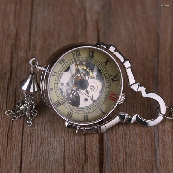 Orologi da tasca Moda Steampunk Trasparente Unqiue Vetro a forma di palla Orologio meccanico Nappa in acciaio Collana con pendente a catena Regali