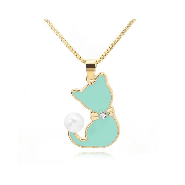 Pendentif Colliers 1PC Dames Émail Chat Gouttes Huile Zircon Perle Couleur Queue Collier Animal Chiot Chien Dessin Animé Animaux Chatte Bijoux 825 R Dhpqu