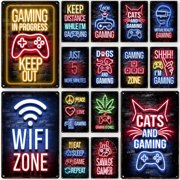 Vintage Metal Painting Neon Light Gamepad Glow Lettering Poster Decorativo WIFI Zone Targa in metallo Sala giochi Wall Art Plaque Modern Home Decor Dimensioni estetiche 30X20CM w01