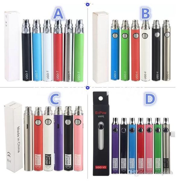 2SET UGO V T USB Passthrough Battery E Sigarette 650mah 900mah 1100mah 510 Thread E-Cigs Vaporizzatore Vape Pen Batterie caricate tramite cavo Android