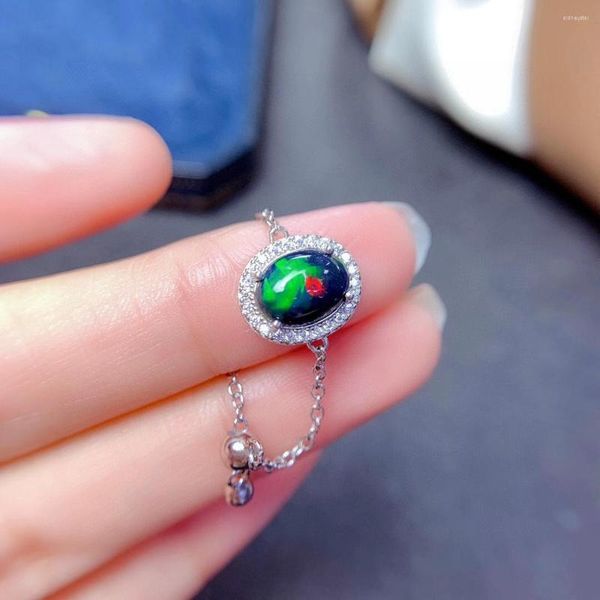 Cluster Rings EST Design Natural Black Opal Ring с цепью без полосы Real 925 Серебряный цвет Gemstone Fire Secret Buithstone