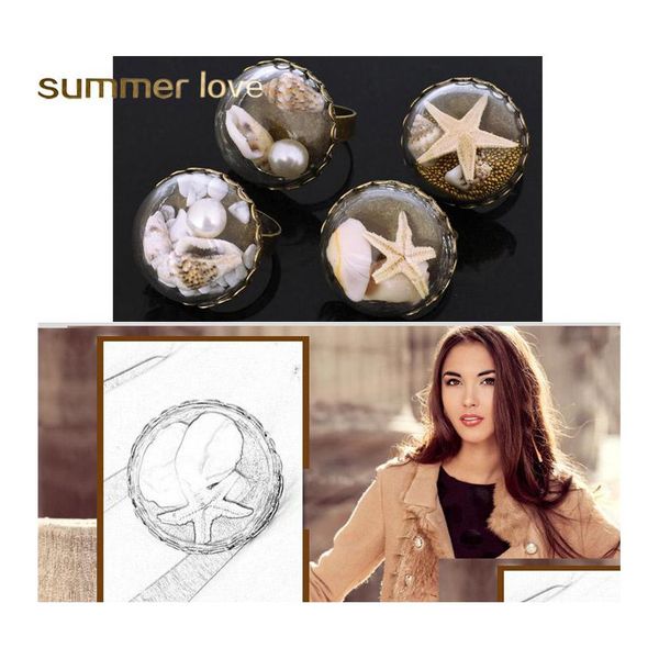 Cluster Ringe Vintage Gold Einzigartige Einstellbar Groß Für Frauen Damen Glas Er Shell Seestern Mode Party Schmuck Handgemachte Kunstwerk GIF Dhuzb