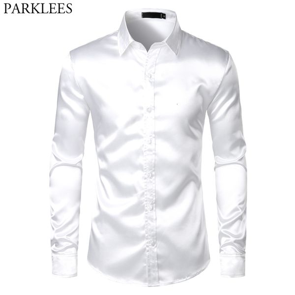 Camisas casuais masculinas Camisa de cetim de seda branca Tuxedo Homem Homem de manga comprida