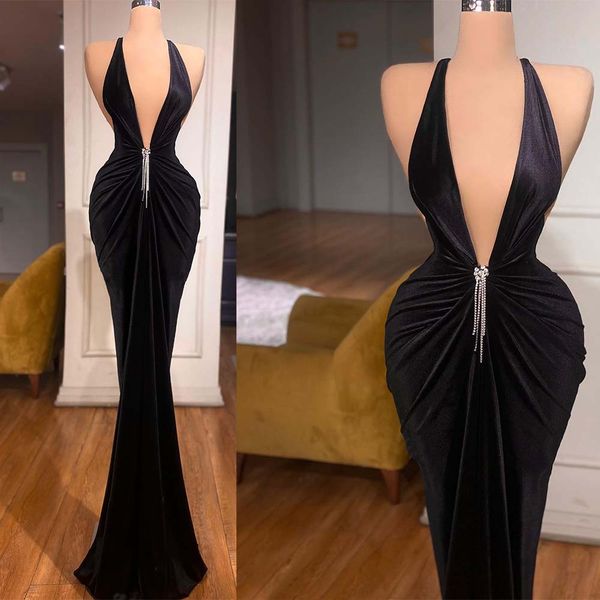 Sexy schwarze Damen-Abendkleider mit tiefem V-Ausschnitt, einfarbiges Neckholder-Kleid, ärmellos, Party-Abschlussballkleider für besondere Anlässe