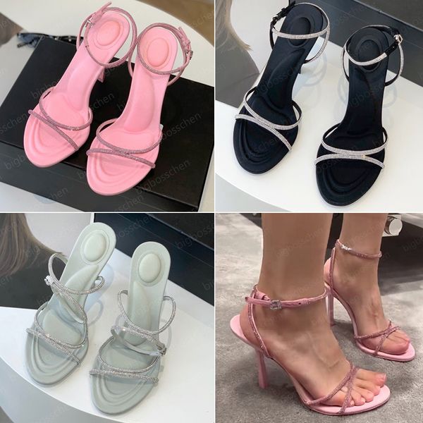 Tacchi alti Sandali firmati da donna Moda Lusso Raso Glitter Cristallo Punta aperta Nero Rosa 2023 Summer Party Prom Tacchi a spillo formali Abito da sposa Scarpe