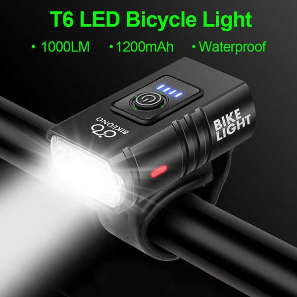 Luci 1000LM Faro per bici T6 Torcia per bicicletta LED Torcia ricaricabile USB Lega di alluminio Ciclismo Abbagliante Accessori bassi 0202