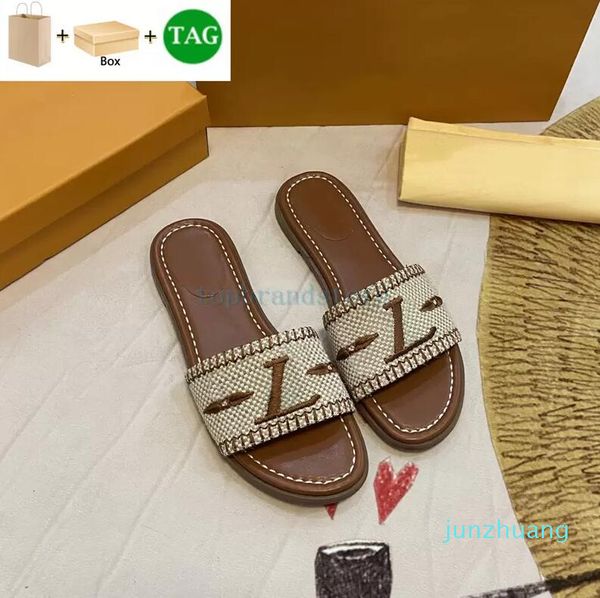 Ciabatte piatte ricamate in rafia pantofole da spiaggia 33 scarpe Pine Green Gold Sky Blue rosa Black Brown Fuchsia flat slides sandalo da donna di lusso