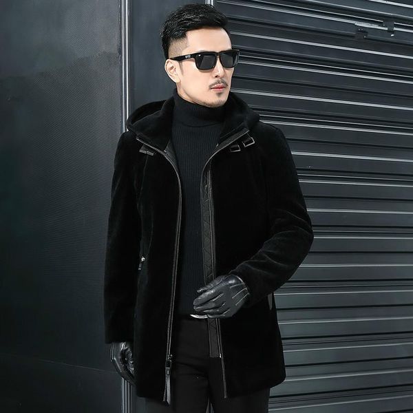 Männer Leder Faux Echt Wolle Herbst Winter Jacke Schafe Lammfell Pelzmantel Männer Streetwear Lange Jacken Plus Größe JLK18SY18262 Y1227