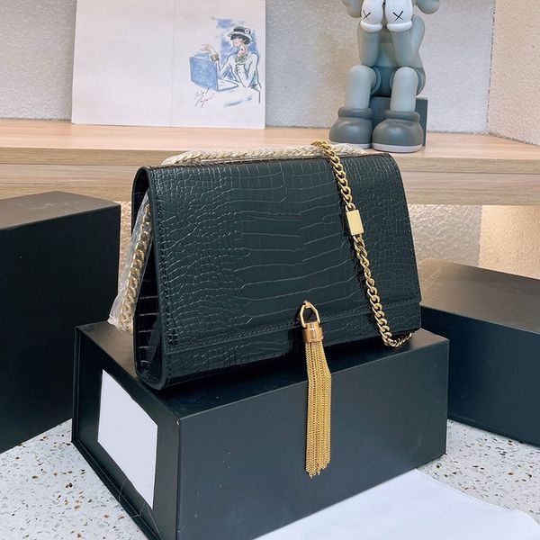 Quaste Alligator Umhängetasche Kette Schulter Handtaschen Unterarm Frauen Taschen Handtasche Geldbörse Echtes Leder Beutel Brieftasche Clamshell Metall Buchstabe Verstellbarer Riemen